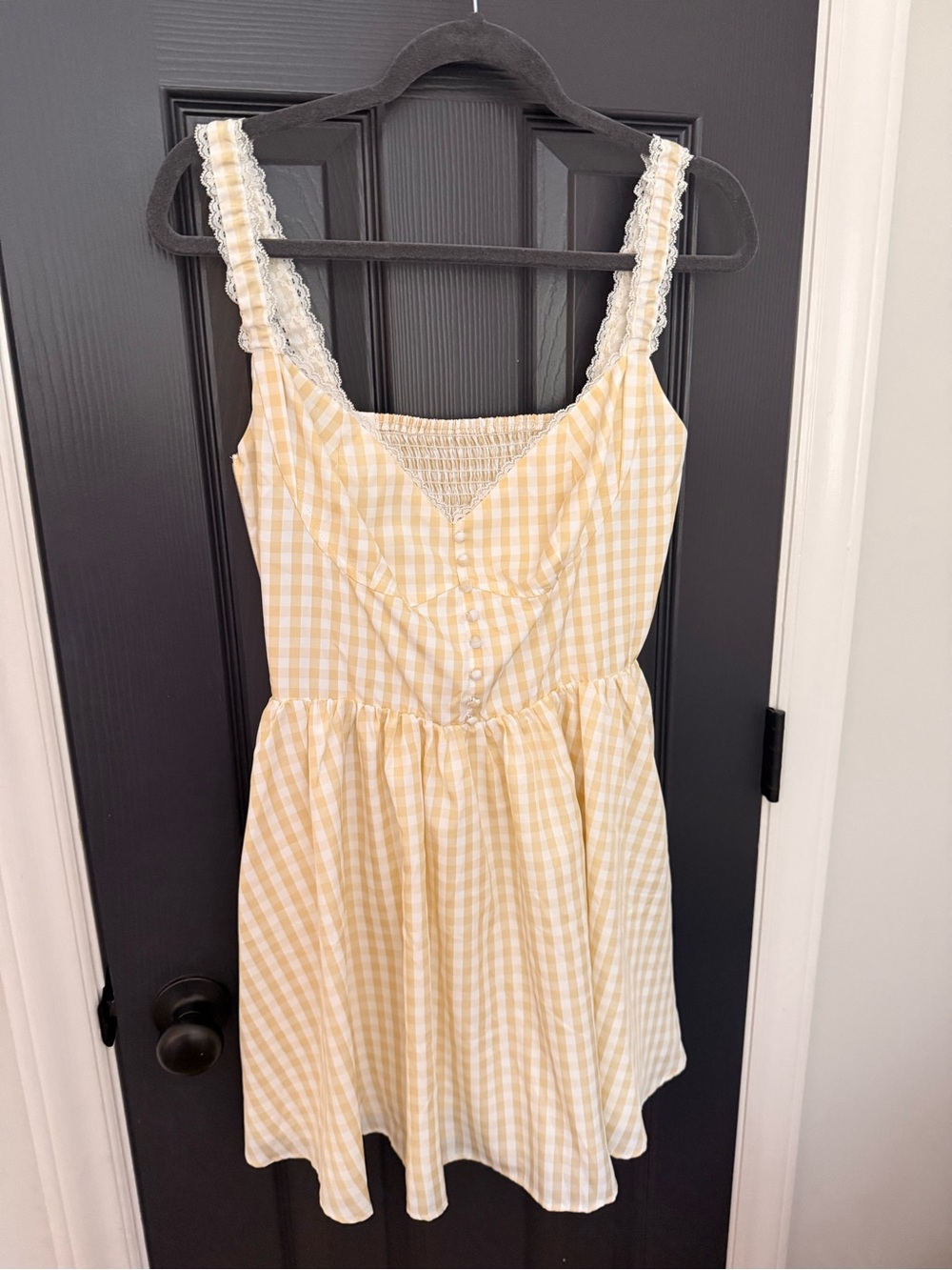 Amazon | Yellow Gingham Mini Dress with Lace Strap Details